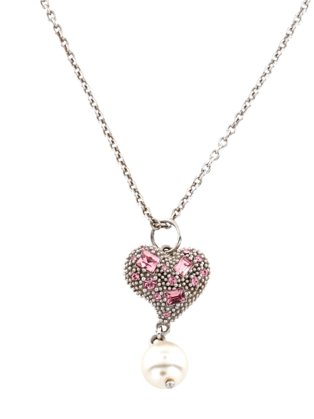 Miu Miu Crystal Faux Pearl Heart Silver Chain Bracelet - Picture 2 of 6